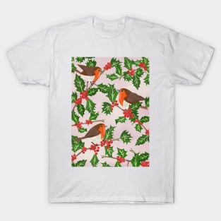 Three little paper cut robins on a holly bush T-Shirt